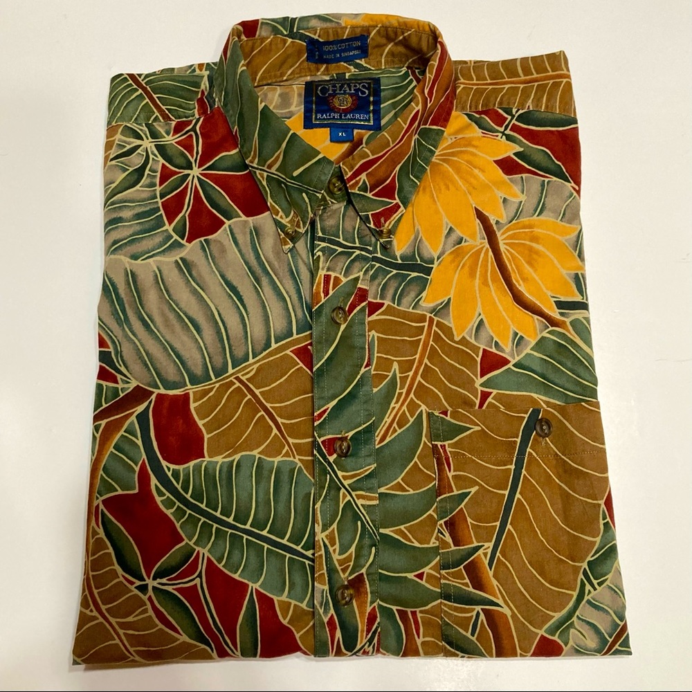 Vintage 90's Chaps Ralph Lauren Hawaiian Palm Leaves Floral Shirt Size XL Polo